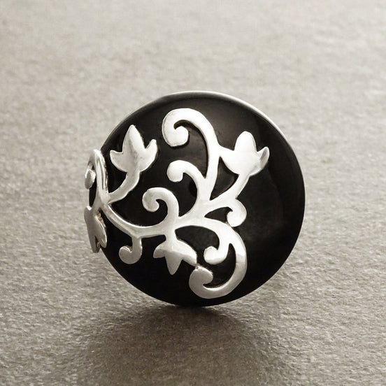 Black Onyx Ring - Flower filigree - Genuine Onyx - Art Nouveau Ring - Sterling Silver - shabby chic ring -Flower ring - Boho ring