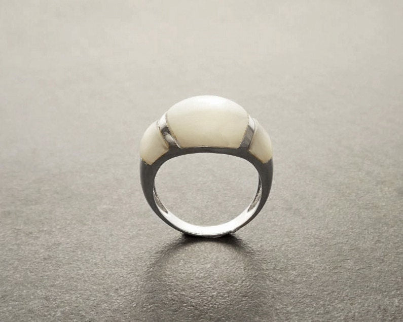 White Band Ring - Sterling Silver - Dome Ring - Mother of Pearl Shell - Gemstone Ring - Modern Stone Ring - shabby chic ring - Boho Ring
