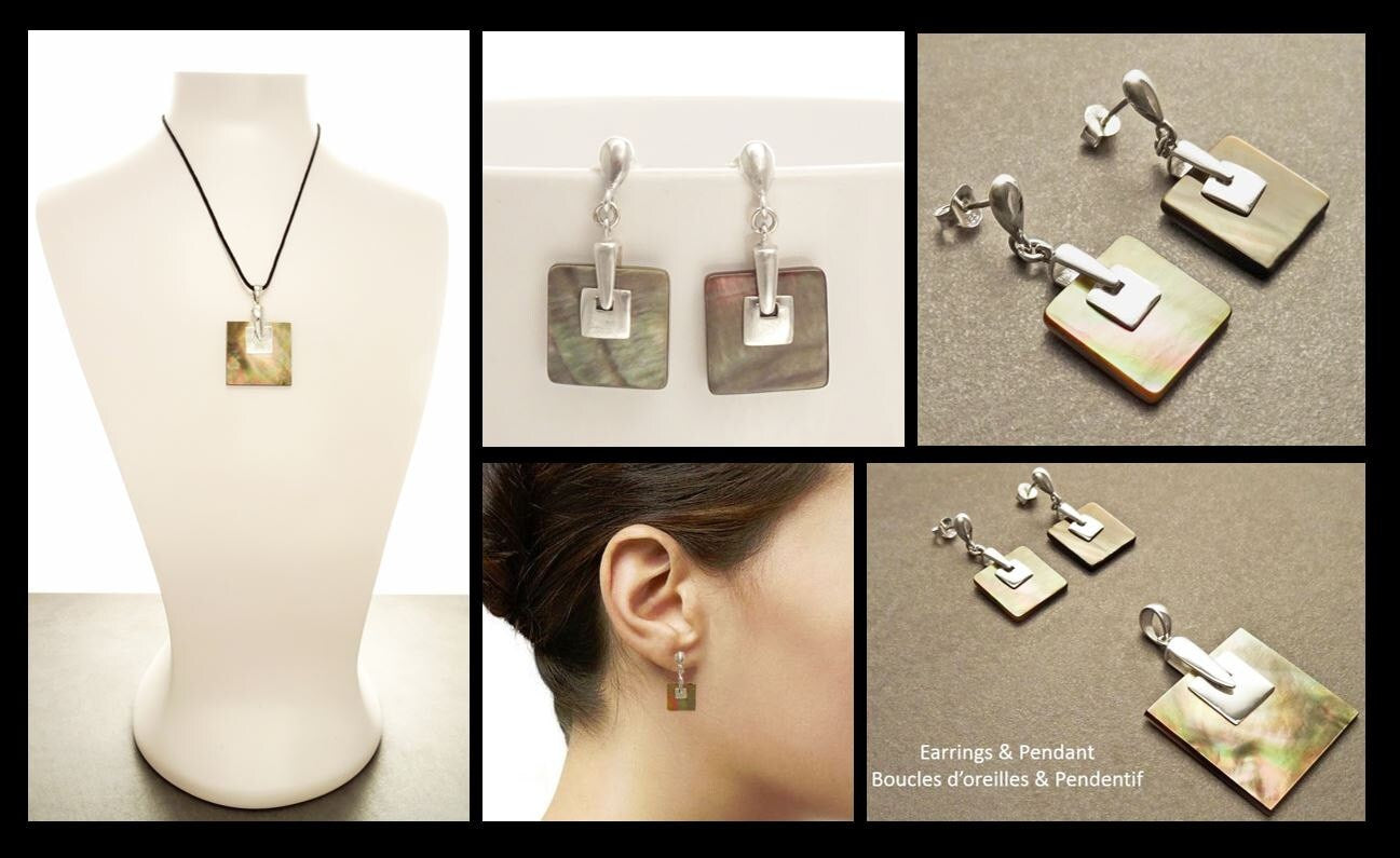 Square earrings, Sterling Silver, GENUINE Grey Paua Shell Dangle Earrings and Pendant SET, Modern Geometric Minimalist Design Jewelry