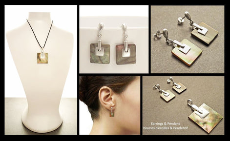 Square earrings, Sterling Silver, GENUINE Grey Paua Shell Dangle Earrings and Pendant SET, Modern Geometric Minimalist Design Jewelry