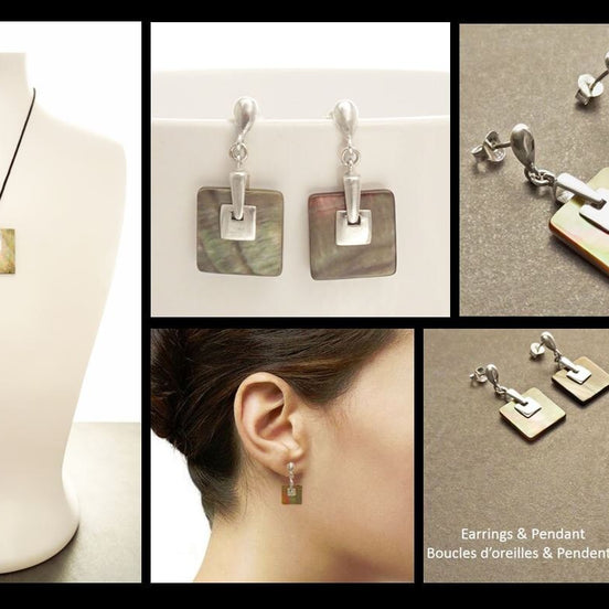 Square earrings, Sterling Silver, GENUINE Grey Paua Shell Dangle Earrings and Pendant SET, Modern Geometric Minimalist Design Jewelry