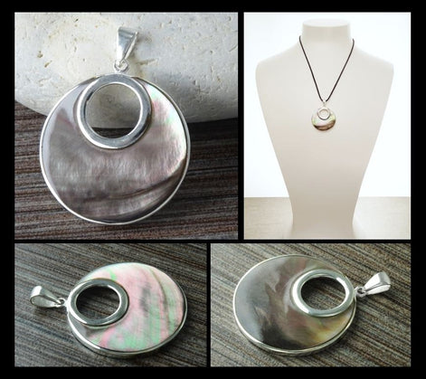 Grey Round Necklace, Sterling Silver, GENUINE Gray Paua Shell Shell with Reflections Jewelry Pendant, Unique Geometric Minimalist Moon shape