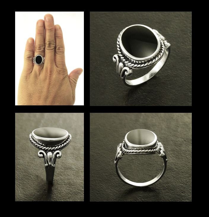 Hipster Onyx Ring, Sterling Silver, GENUINE Onyx Gemstone Jewelry, Boho Unisex Ring, Flat Oval Black Stone Ring,Intricate Antique Rope Shank