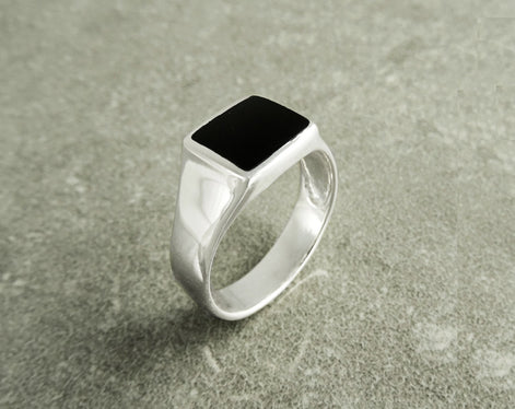 Black Square Signet Ring • Sterling Silver • Onyx Stone Design • Handmade Jewelry