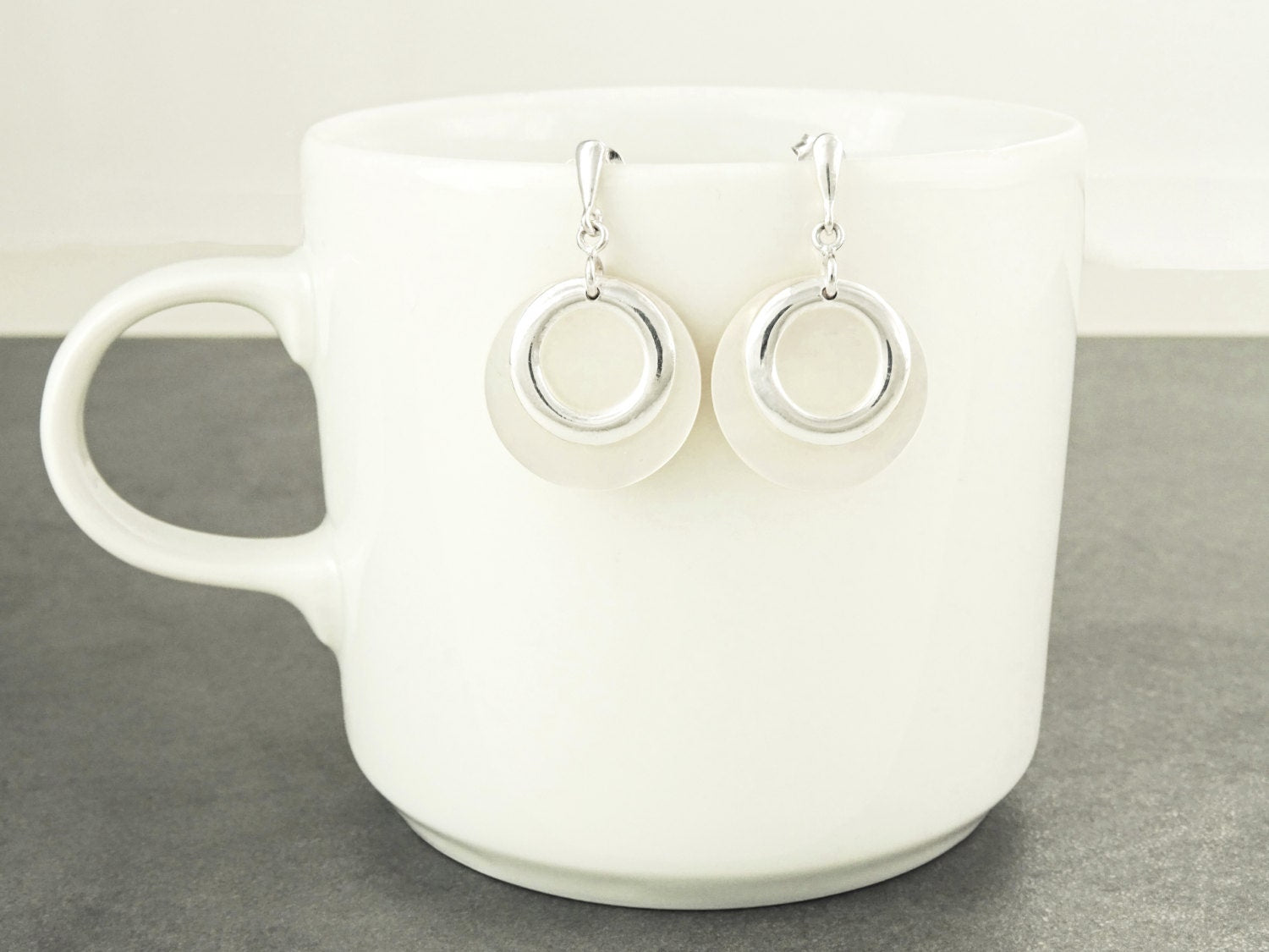 White Round Earrings, Sterling Silver, Genuine Mother of Pearl Shell Flat Discs, Modern Dangle Geometric Earrings, Minimalist Women Jewelry