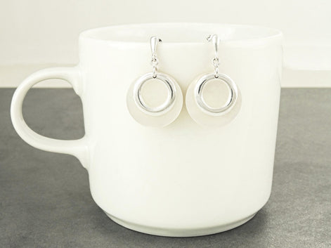 White Round Earrings, Sterling Silver, Genuine Mother of Pearl Shell Flat Discs, Modern Dangle Geometric Earrings, Minimalist Women Jewelry