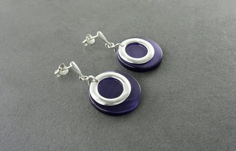 Purple Blue Stone Earrings, Violet Colour Discs, Sterling Silver 925,Geometric Round Circle Earrings, Modern Minimalist Dangle Earrings