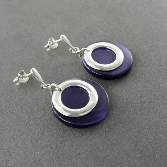 Purple Blue Stone Earrings, Violet Colour Discs, Sterling Silver 925,Geometric Round Circle Earrings, Modern Minimalist Dangle Earrings