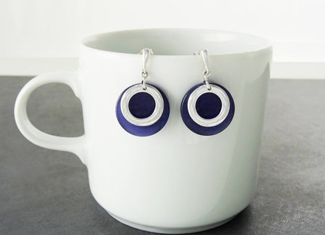 Purple Blue Stone Earrings, Violet Colour Discs, Sterling Silver 925,Geometric Round Circle Earrings, Modern Minimalist Dangle Earrings