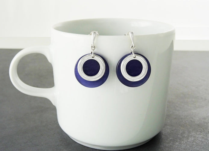 Purple Blue Stone Earrings, Violet Colour Discs, Sterling Silver 925,Geometric Round Circle Earrings, Modern Minimalist Dangle Earrings