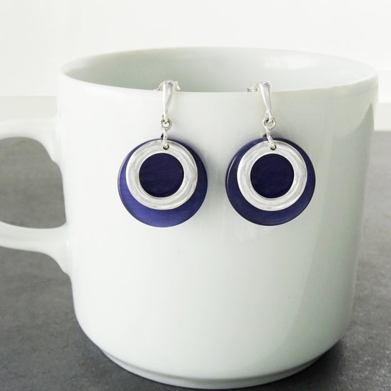 Purple Blue Stone Earrings, Violet Colour Discs, Sterling Silver 925,Geometric Round Circle Earrings, Modern Minimalist Dangle Earrings