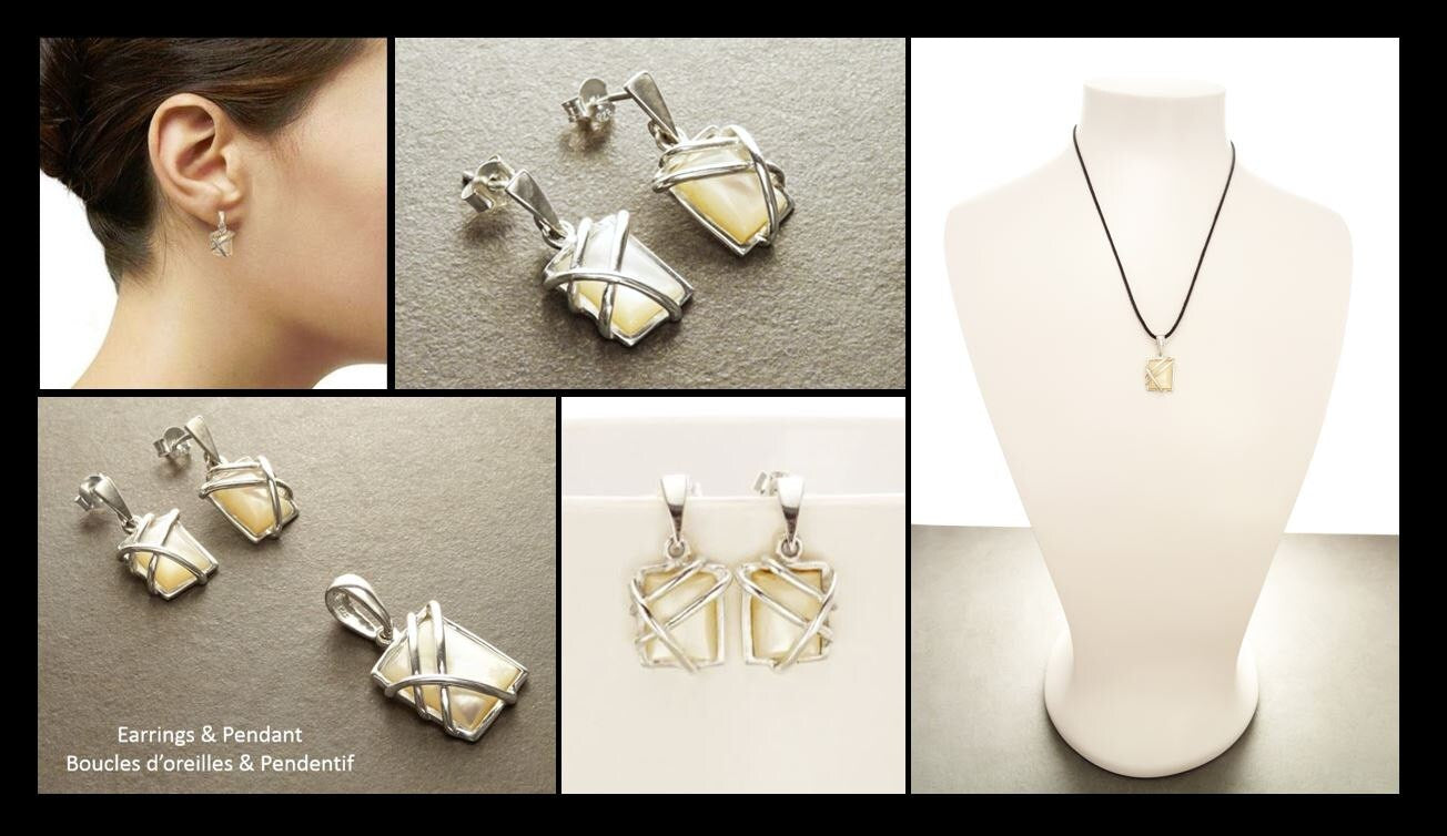 Square Earrings Set - Square shape - 925 Sterling Silver - White Shell - Modern Style - Filigree - Trending - Boho - Earrings ands Pendant .