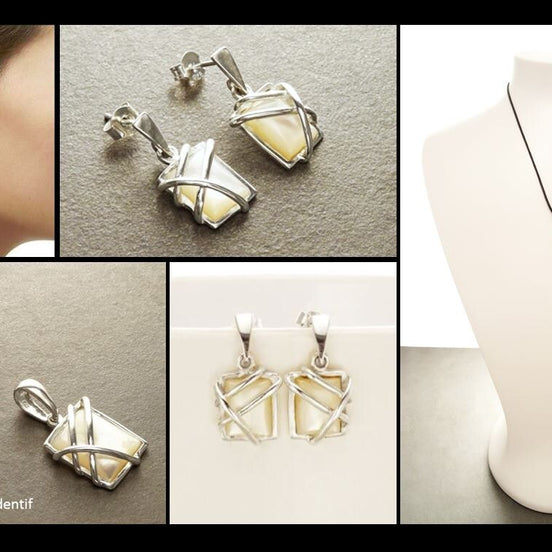 Square Earrings Set - Square shape - 925 Sterling Silver - White Shell - Modern Style - Filigree - Trending - Boho - Earrings ands Pendant .