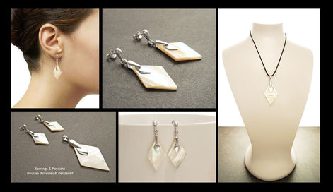 Mother of Pearl Diamond Earrings & Pendant Set, Sterling Silver, Geometric Shell Jewelry