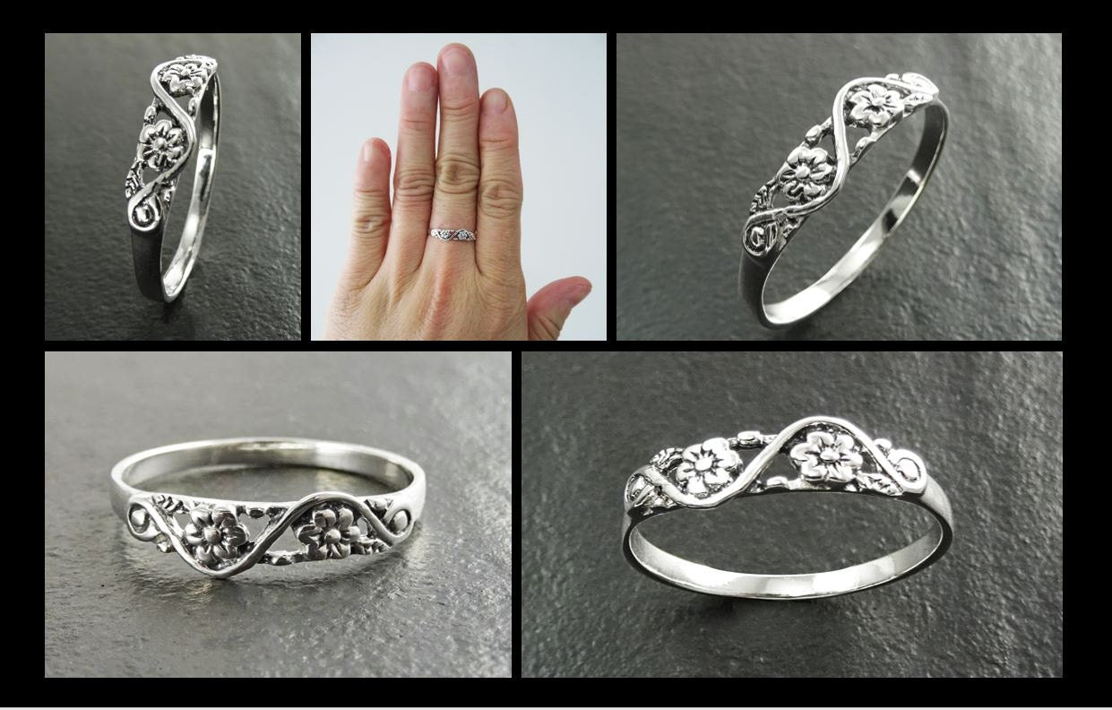 Cherry Blossom Ring, Duet Flowers Floral Ring, Sterling Silver 925 band