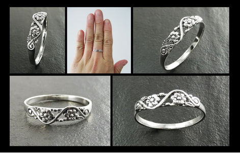 Cherry Blossom Ring, Duet Flowers Floral Ring, Sterling Silver 925 band