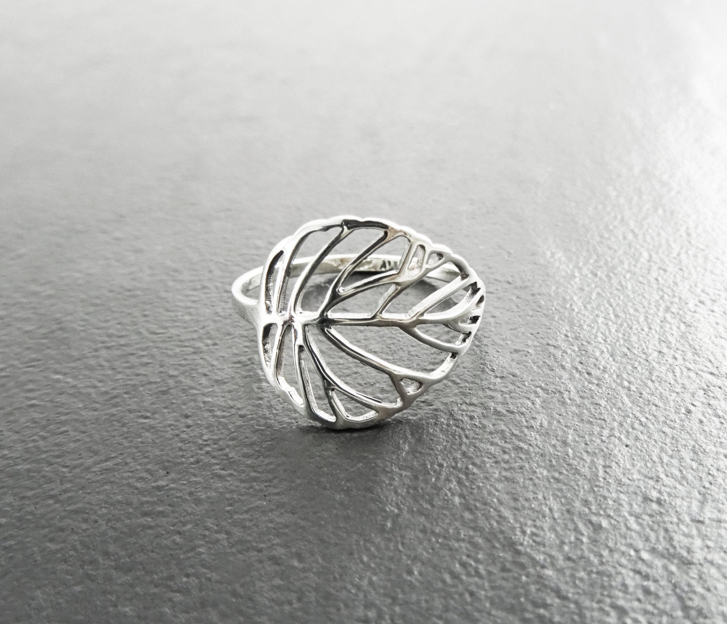 Leaf Ring, Sterling Silver, Rubber Ficus Plant Ring, Filigree Branch, Skeleton Leaf Veins Ring, Tropical, Nature, Greenery Jewelry