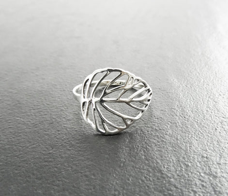 Leaf Ring, Sterling Silver, Rubber Ficus Plant Ring, Filigree Branch, Skeleton Leaf Veins Ring, Tropical, Nature, Greenery Jewelry