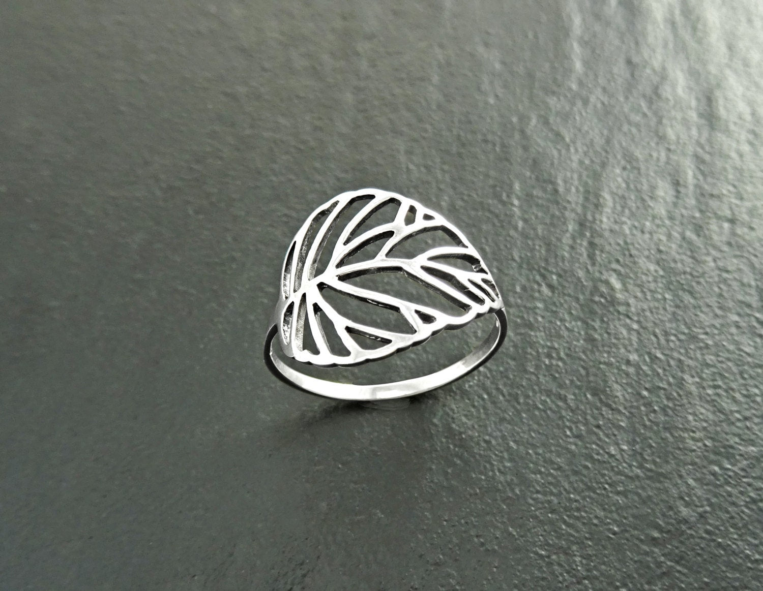 Leaf Ring, Sterling Silver, Rubber Ficus Plant Ring, Filigree Branch, Skeleton Leaf Veins Ring, Tropical, Nature, Greenery Jewelry