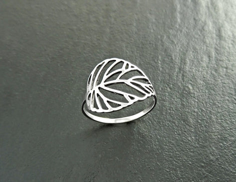 Leaf Ring, Sterling Silver, Rubber Ficus Plant Ring, Filigree Branch, Skeleton Leaf Veins Ring, Tropical, Nature, Greenery Jewelry