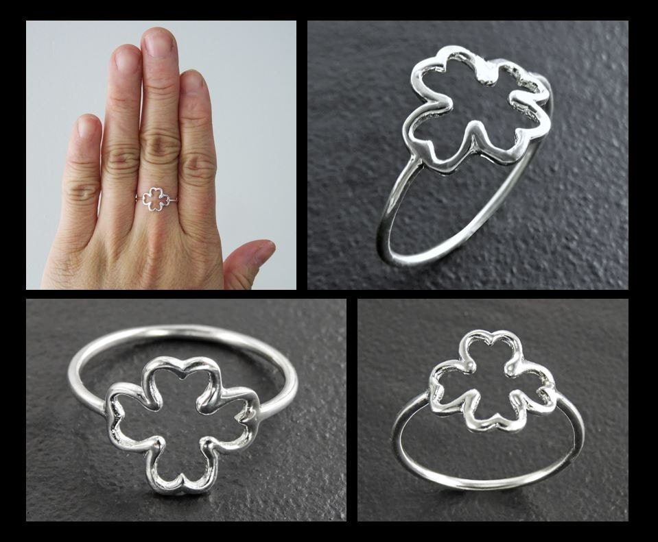 Clover Ring, Sterling Silver, Open Shamrock, Lucky Four Leaf, Trefoil Clover Leaf Ring brings good luck, Irish Saint Patrick's Day Gifts