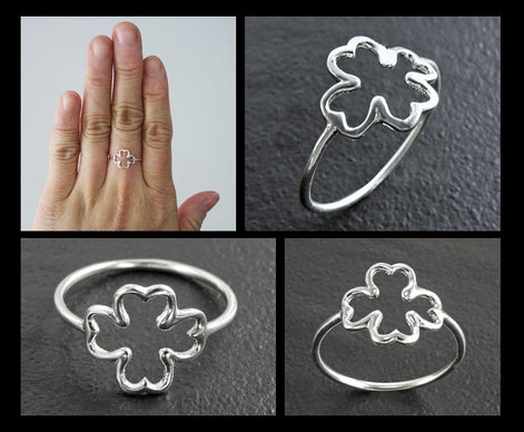 Clover Ring, Sterling Silver, Open Shamrock, Lucky Four Leaf, Trefoil Clover Leaf Ring brings good luck, Irish Saint Patrick's Day Gifts
