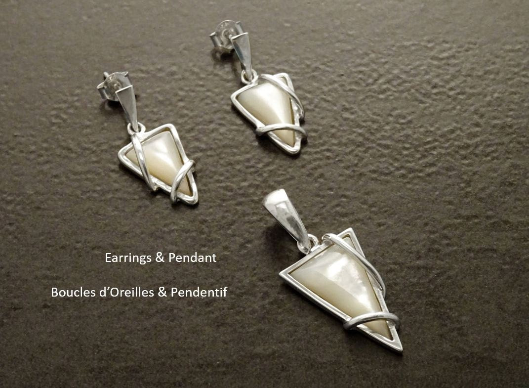 Mother of Pearl Pendant & Earrings Set by KRAMIKE • Sterling Silver with Geometric Design • Perfect for Elegant Daily Wear or Gifting •KS048