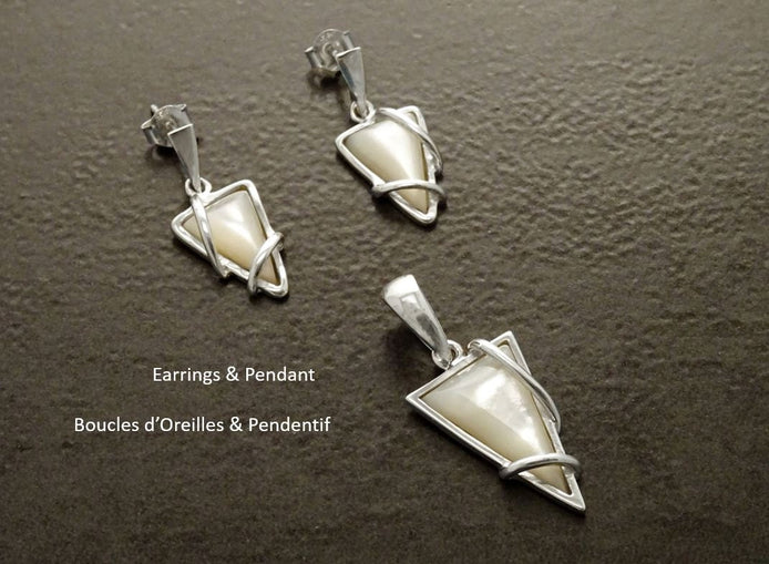 Mother of Pearl Pendant & Earrings Set by KRAMIKE • Sterling Silver with Geometric Design • Perfect for Elegant Daily Wear or Gifting •KS048
