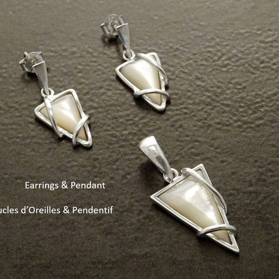Mother of Pearl Pendant & Earrings Set by KRAMIKE • Sterling Silver with Geometric Design • Perfect for Elegant Daily Wear or Gifting •KS048