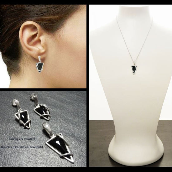 Black Triangle Earrings, Sterling Silver, Onyx Stone, Modern Geometric Jewelry, Earrings and Pendant Set, Women Gift