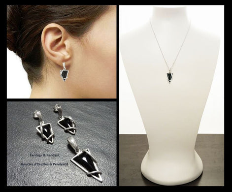 Triangle Onyx Earrings 925 Sterling Silver, Modern Dangle Onyx Stone Earrings, Unique Geometric Triangle Jewelry, Small Stone Earrings