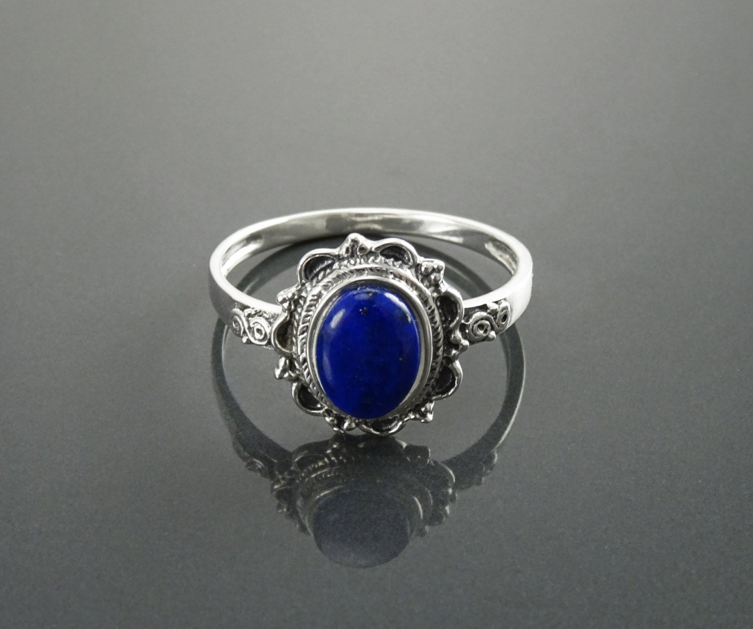 Sterling Silver Lapis Lazuli Ring, Boho Studded Pattern