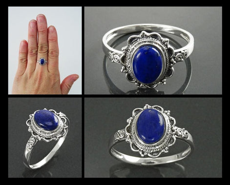 Sterling Silver Lapis Lazuli Ring, Boho Studded Pattern