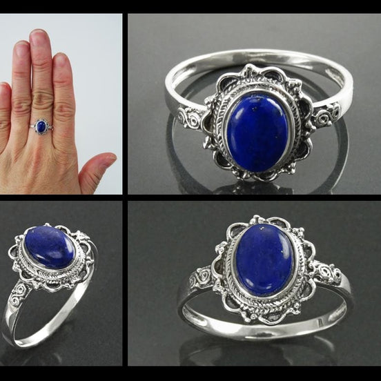 Sterling Silver Lapis Lazuli Ring, Boho Studded Pattern