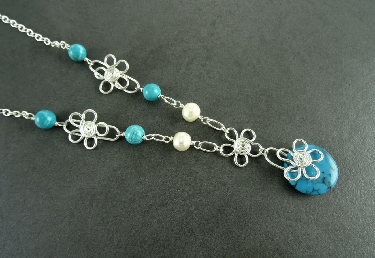 Turquoise Boho necklace, sterling silver, fresh water pearl, blue Round Stone, hipster flower pattern jewelry