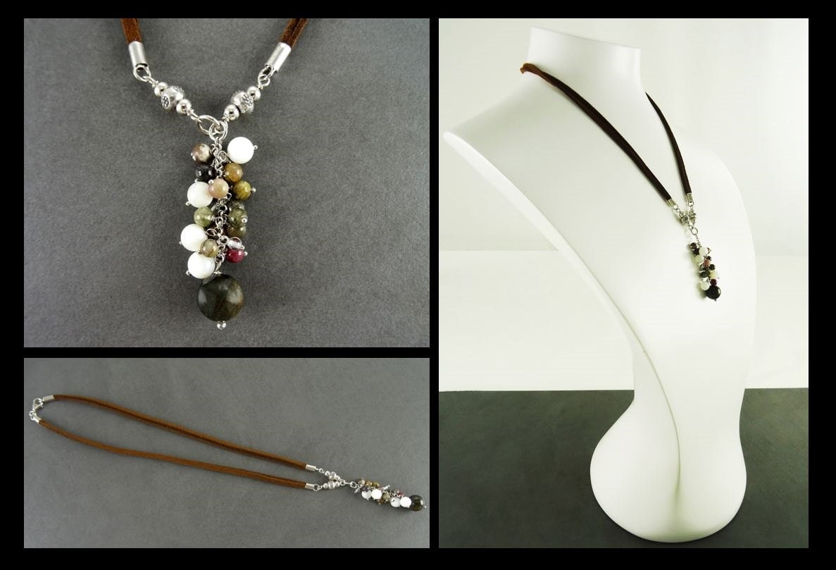Mixed Stones Necklace Sterling silver, Mixed NATURAL Stones Drop Necklace, Lariat Cluster Gemstone Pendant, Brown Leather Jewelry