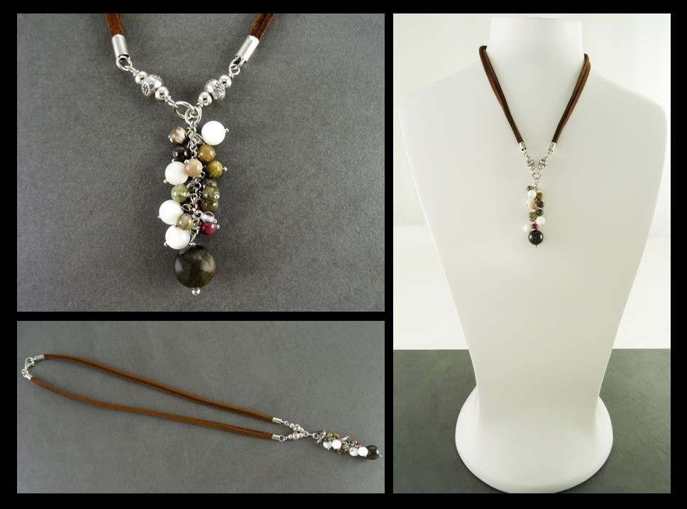 Mixed Stones Necklace Sterling silver, Mixed NATURAL Stones Drop Necklace, Lariat Cluster Gemstone Pendant, Brown Leather Jewelry