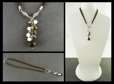 Mixed Stones Necklace Sterling silver, Mixed NATURAL Stones Drop Necklace, Lariat Cluster Gemstone Pendant, Brown Leather Jewelry