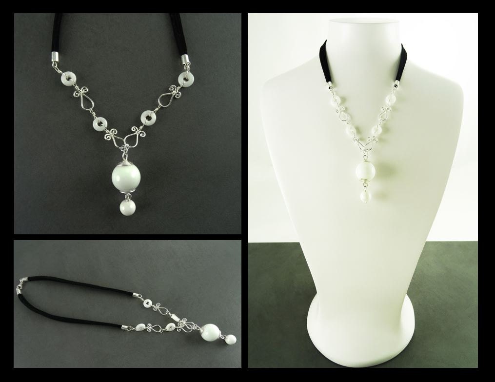 White Agate Necklace • Sterling Silver Chain • Black Leather Cord • Refined Artisan Gift for Her