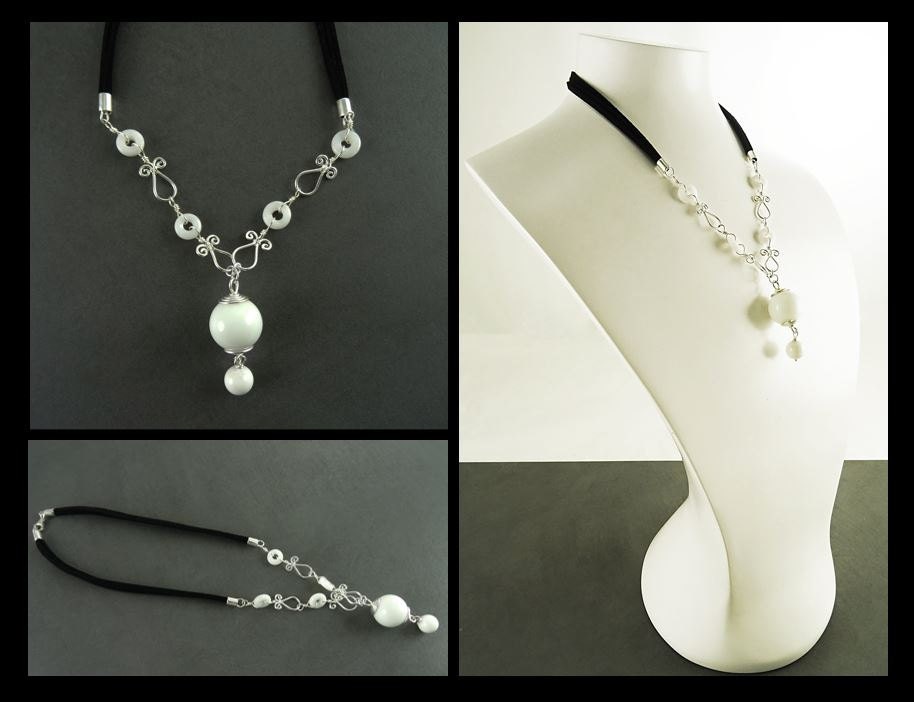 White Agate Necklace • Sterling Silver Chain • Black Leather Cord • Refined Artisan Gift for Her