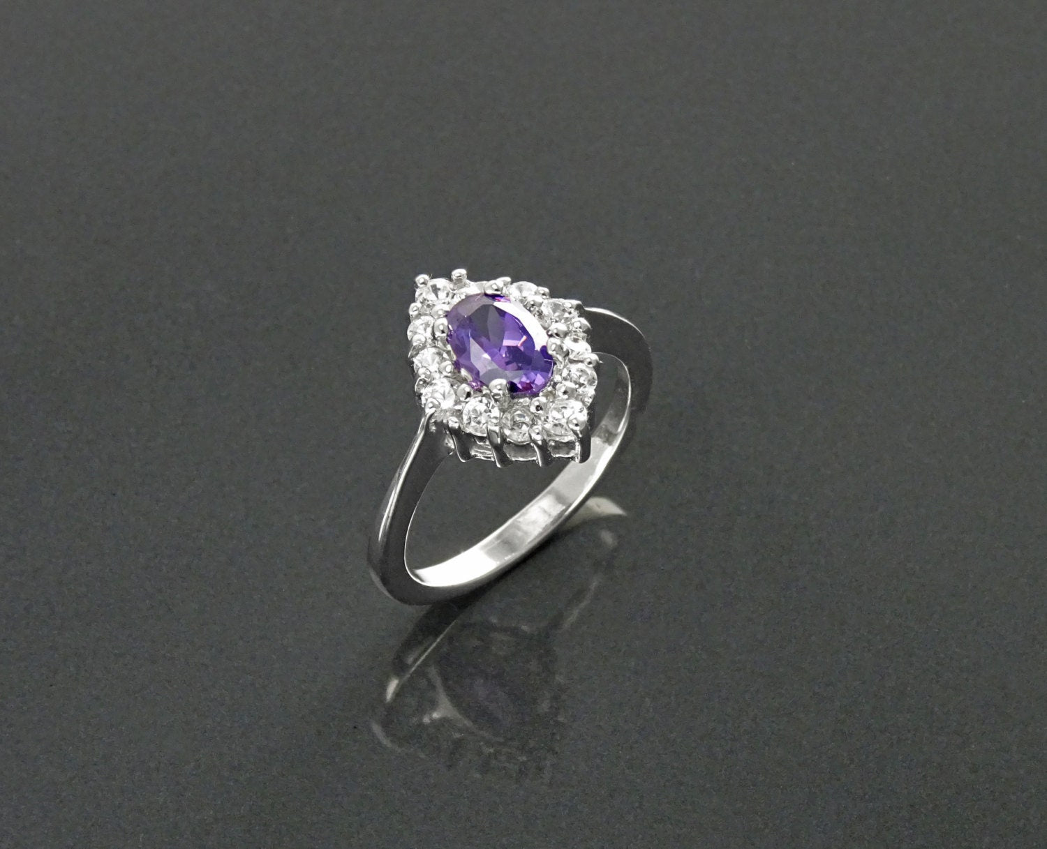 Purple Marquise Ring, Sterling Silver, White CZ Stones, Oval Amethyst Color CZ Stone, Engagement Ring, Classic Promise Jewelry, Woman Gift