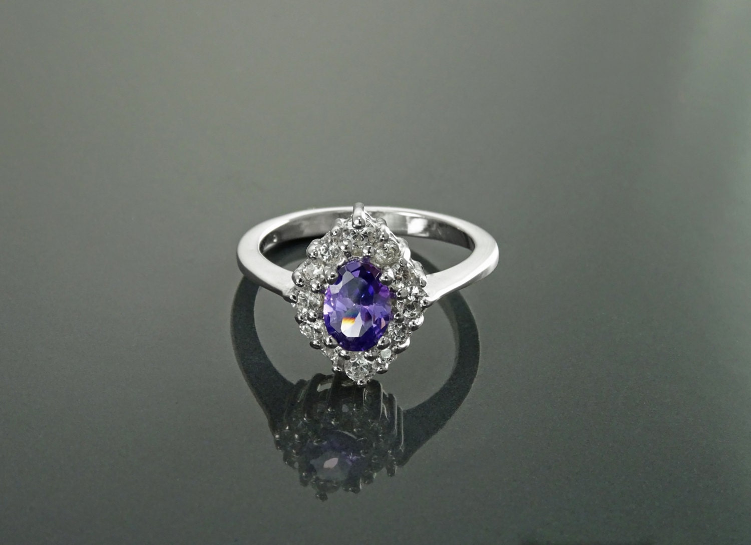 Purple Marquise Ring, Sterling Silver, White CZ Stones, Oval Amethyst Color CZ Stone, Engagement Ring, Classic Promise Jewelry, Woman Gift