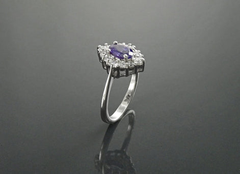 Purple Marquise Ring, Sterling Silver, White CZ Stones, Oval Amethyst Color CZ Stone, Engagement Ring, Classic Promise Jewelry, Woman Gift