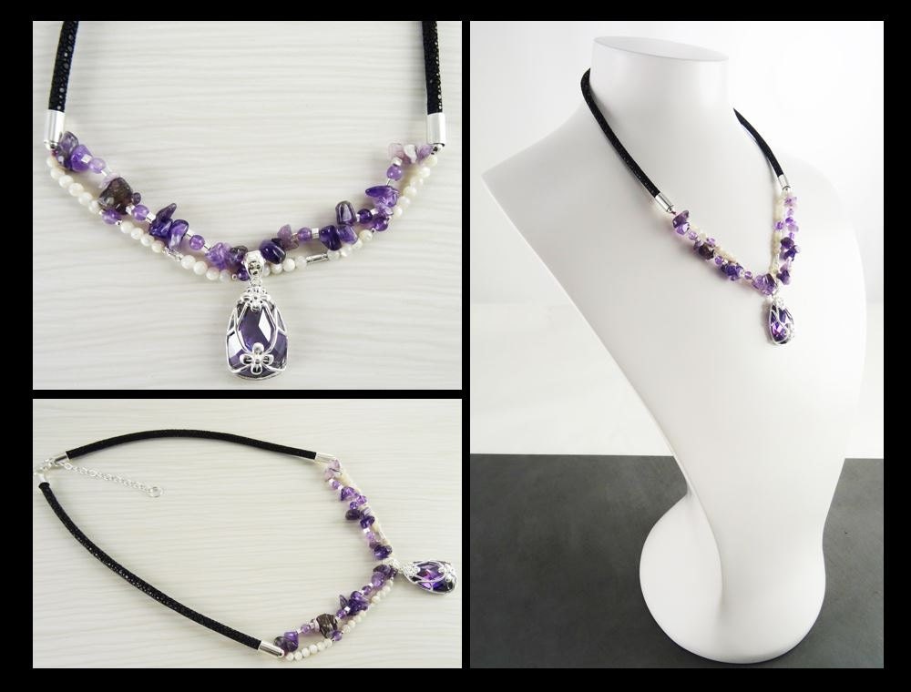 Amethyst Necklace, Sterling Silver, Genuine Raw Amethyst Stones, Shell Pearls Strands, Purple Cz Stone Flower Pendant, Mother's Day Gift