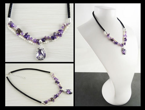 Amethyst Necklace, Sterling Silver, Genuine Raw Amethyst Stones, Shell Pearls Strands, Purple Cz Stone Flower Pendant, Mother's Day Gift