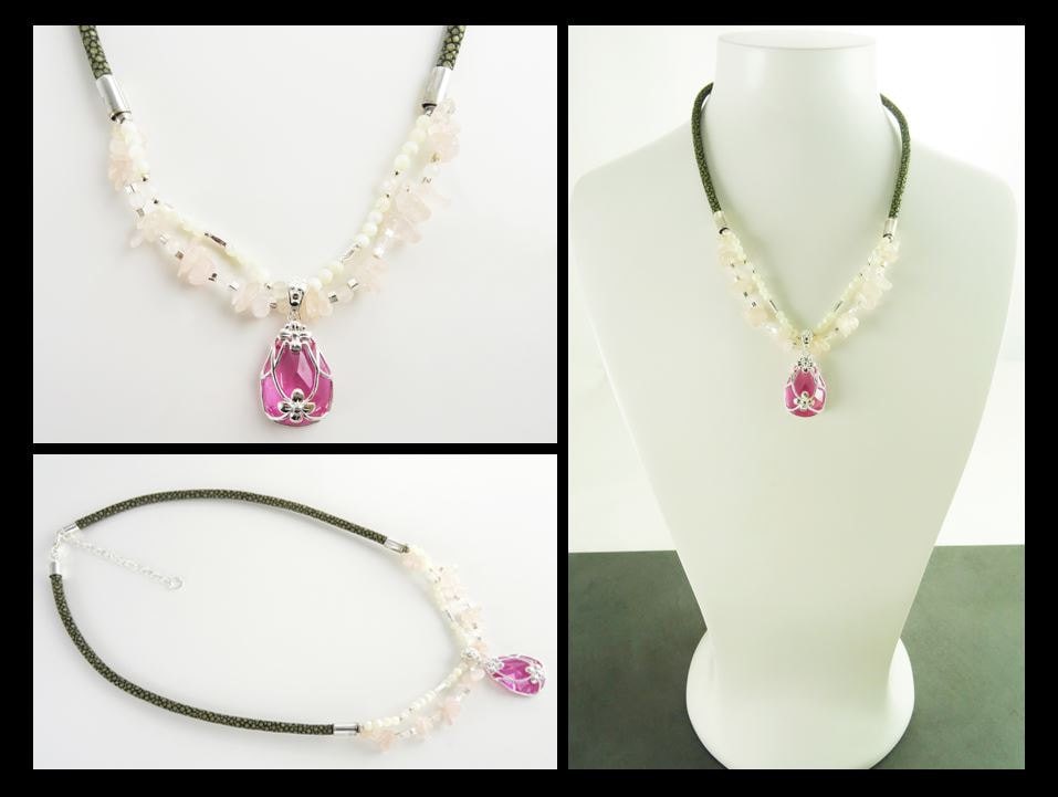 Pink Quartz Necklace - Sterling Silver, Rose Quartz Raw Stone, pearls Strands, Pink Zirconia collar, Flower Pendant, Stingray choker