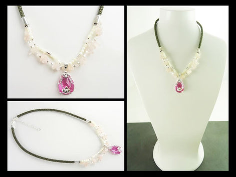 Pink Quartz Necklace - Sterling Silver, Rose Quartz Raw Stone, pearls Strands, Pink Zirconia collar, Flower Pendant, Stingray choker