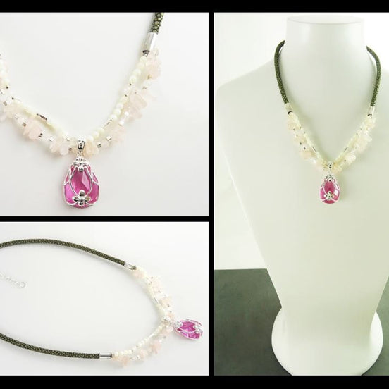 Pink Quartz Necklace - Sterling Silver, Rose Quartz Raw Stone, pearls Strands, Pink Zirconia collar, Flower Pendant, Stingray choker