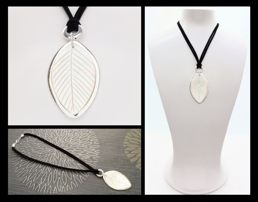 Leaf Necklace, Genuine White Mother of Pearl, Sterling Silver Pendant, Black Leather, Veins Laurel Leaf, Nature Jewelry Autumn Branch