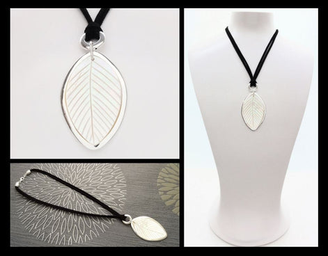Leaf Necklace, Genuine White Mother of Pearl, Sterling Silver Pendant, Black Leather, Veins Laurel Leaf, Nature Jewelry Autumn Branch